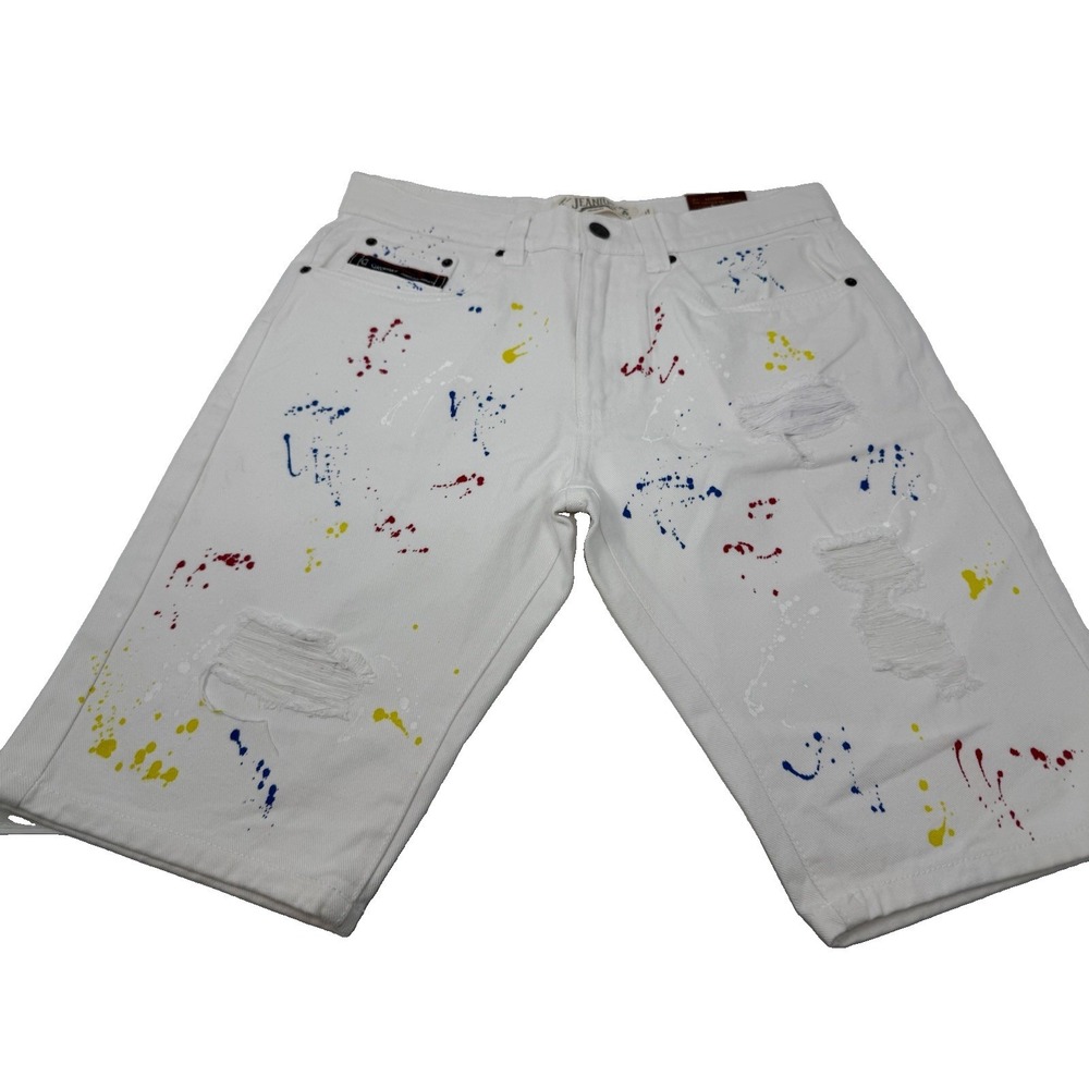 NWT Size 30 Men's Jeanius Akademiks Shorts White Denim Paint Splattered